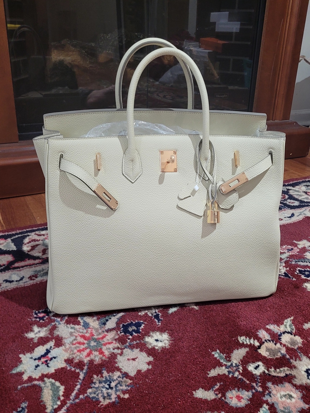 Ivory Leather Structured Tote Bag with Gold Hardware Wirkin